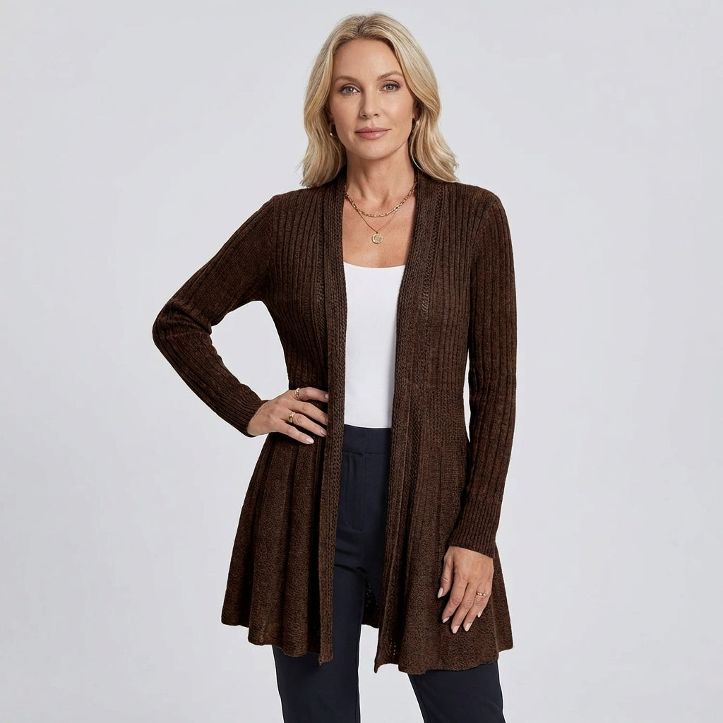 Veda Bremen striped knit cardigan with textured pattern, long sleeves, and open front for a cozy, stylish look.