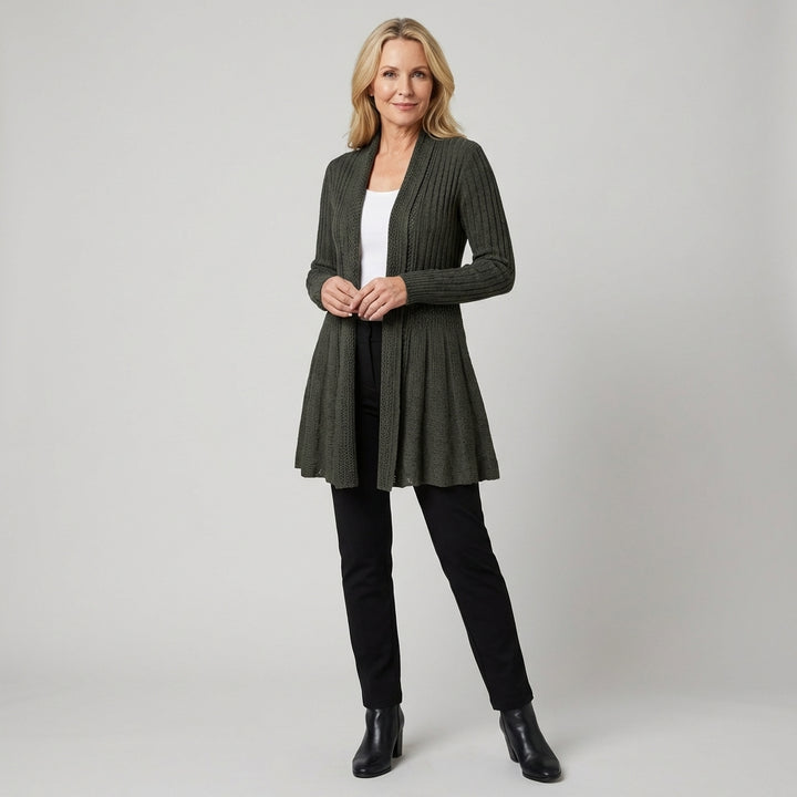 Veda Bremen structured knit cardigan with textured pattern, long sleeves, and button front, displayed on a neutral background.
