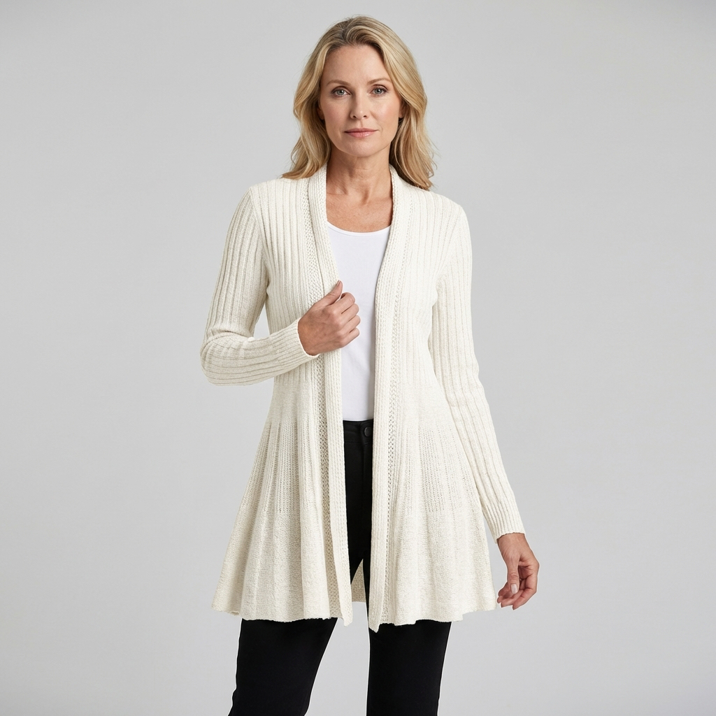Veda Bremen knitted cardigan with textured structure, featuring a cozy, stylish design and button closure.