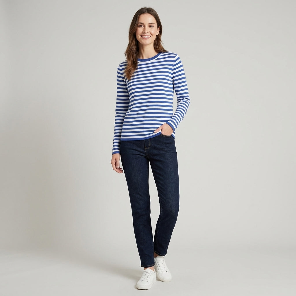 Veda Bremen elegant long-sleeve top in black, featuring a fitted design and round neckline, displayed on a hanger.