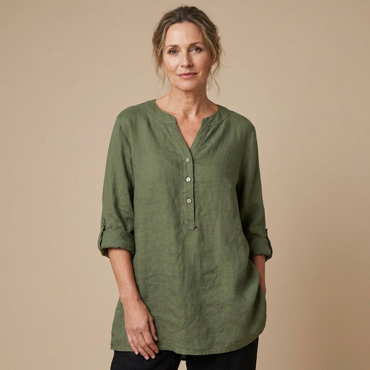 Veda Bremen Reja button-up shirt in lightweight fabric, shown with collar and long sleeves on a neutral background.