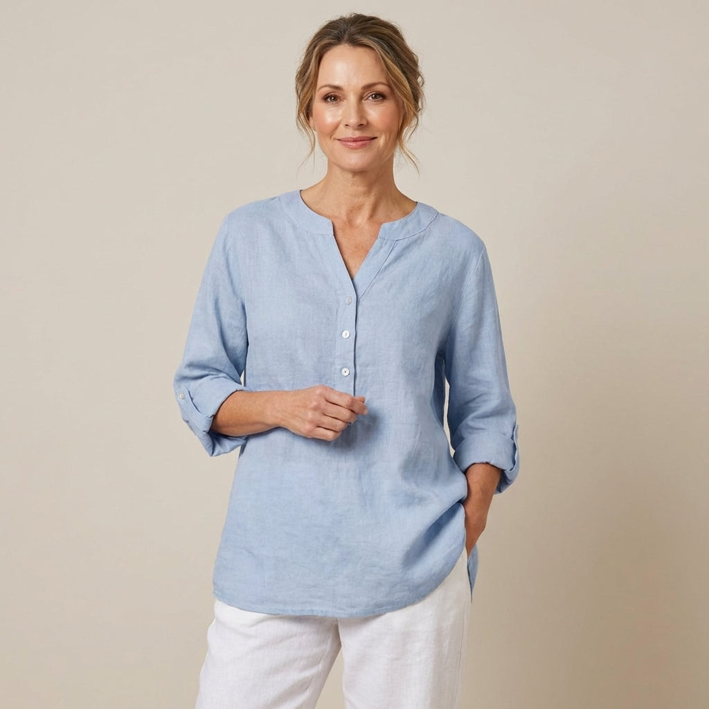 Veda Bremen Reja button-up shirt in soft fabric, featuring a classic collar and long sleeves, displayed flat with front view.