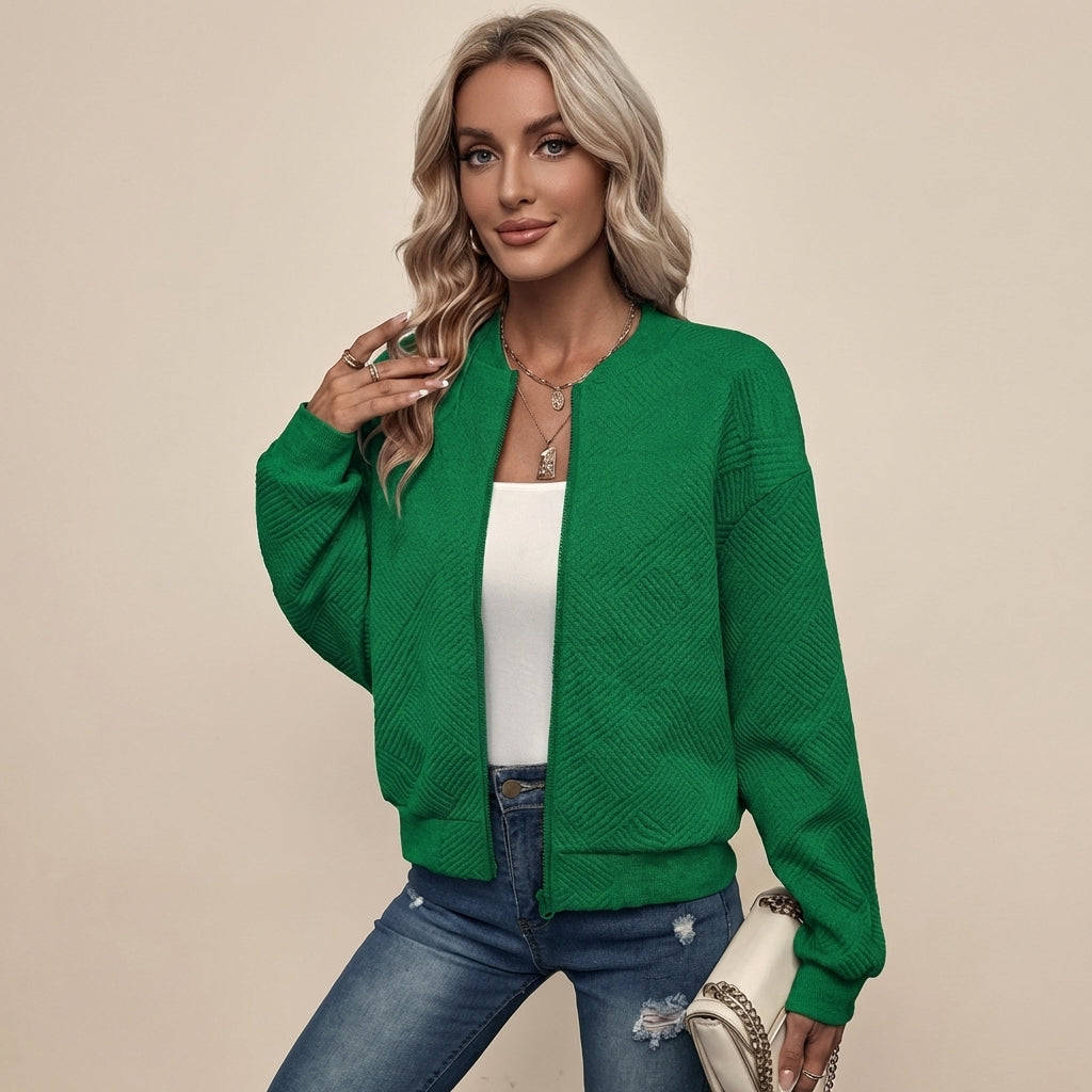 Veda Bremen casual zip-up jacket with front zipper and relaxed fit, displayed on a hanger against a neutral background.