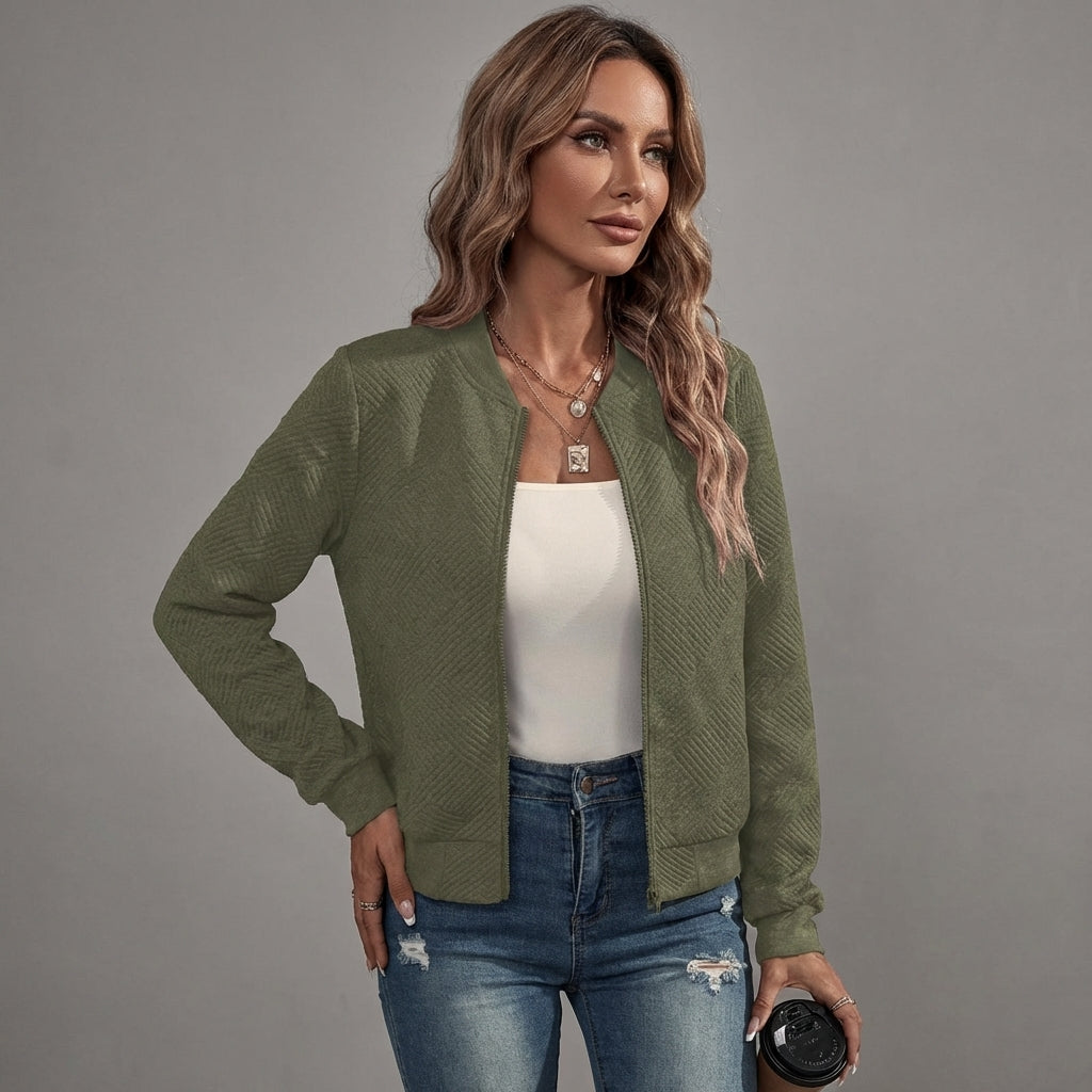 Casual Veda Bremen zip-up jacket in black with a front zipper, relaxed fit, and stand collar on a hanger.