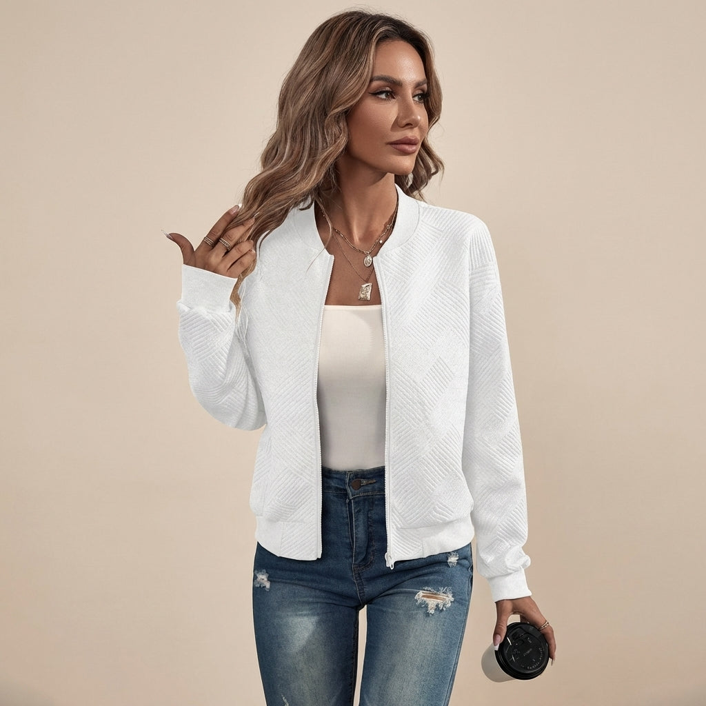 Veda Bremen casual zip-up jacket in black with a front zipper and stand collar, displayed on a hanger against a neutral background.