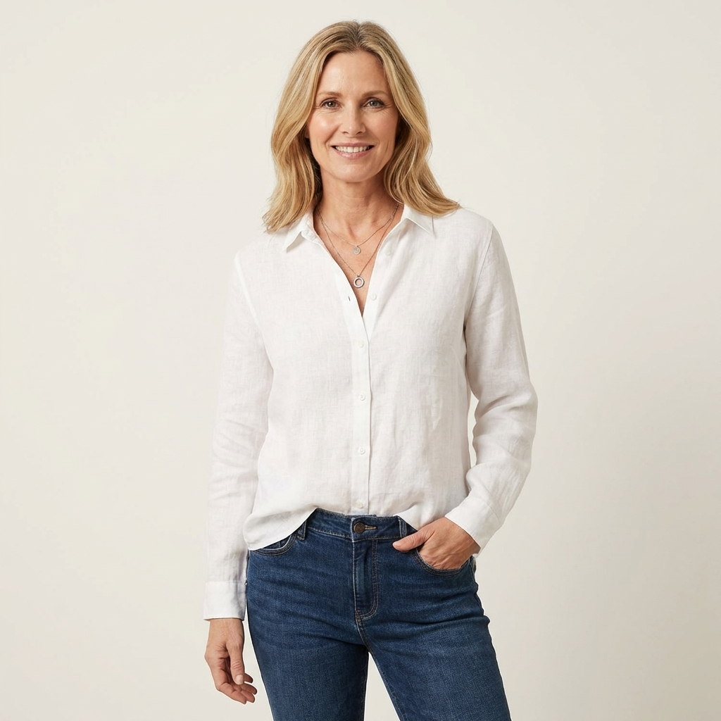 Veda Bremen Anne Baumwollbluse in light fabric, featuring a classic button-up design with long sleeves and a collar.
