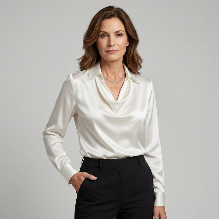 Elegant Evette Elegante blouse from Lurolondon featuring a stylish, fitted design in soft fabric, displayed on a hanger.