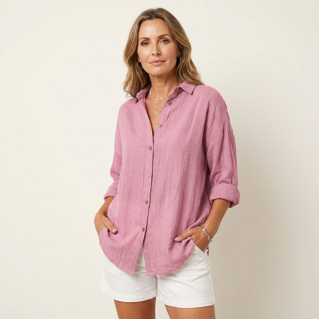 Veda Bremen musselin blouse in soft, lightweight fabric with a relaxed fit and long sleeves, perfect for casual wear.