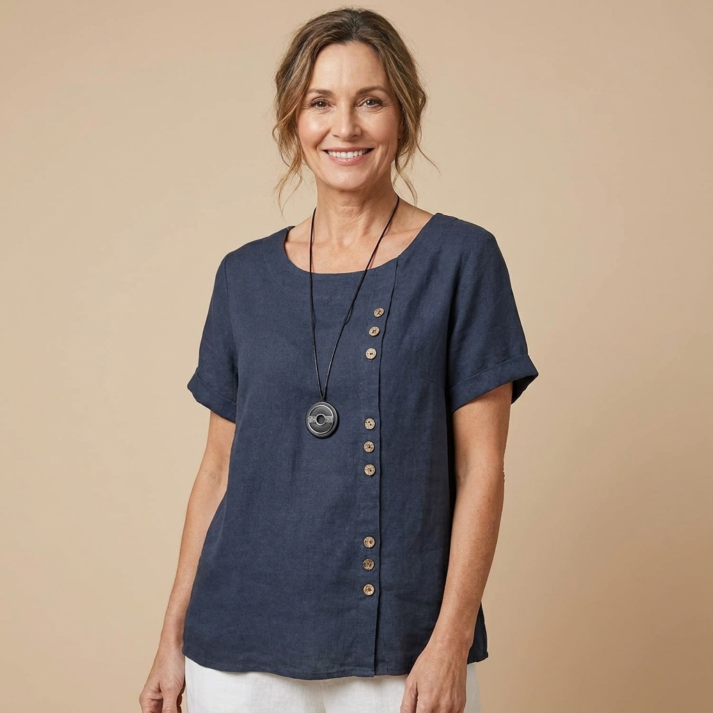 Veda Bremen Miranda summer T-shirt in light fabric with short sleeves and a casual fit, displayed on a hanger.