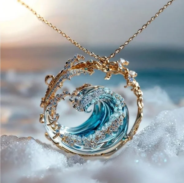 Veda Bremen Ozeans Schwur Halskette with silver chain and ocean-inspired pendant, showcasing detailed craftsmanship.