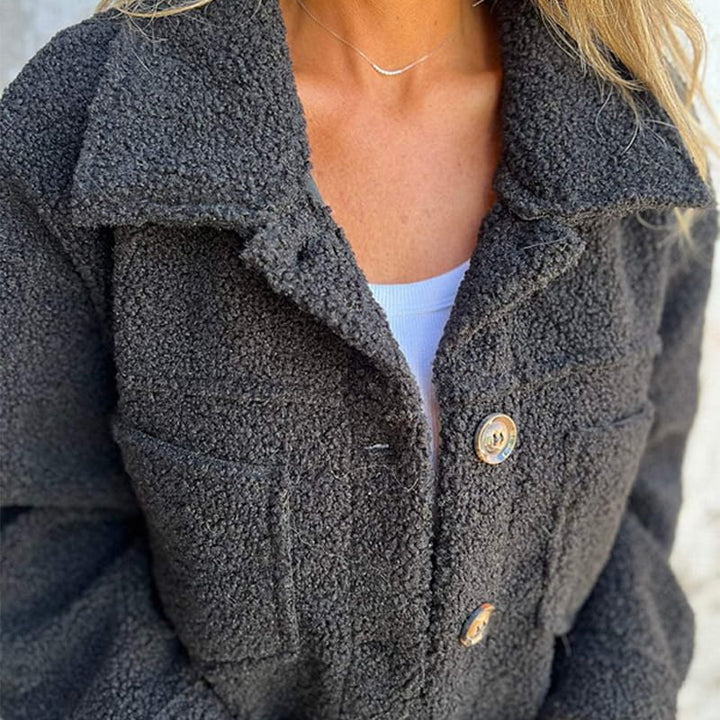 LuroLondon Mia Stylish Coat jacket with a sleek design, showcased in a close-up image highlighting its fabric and tailoring details
