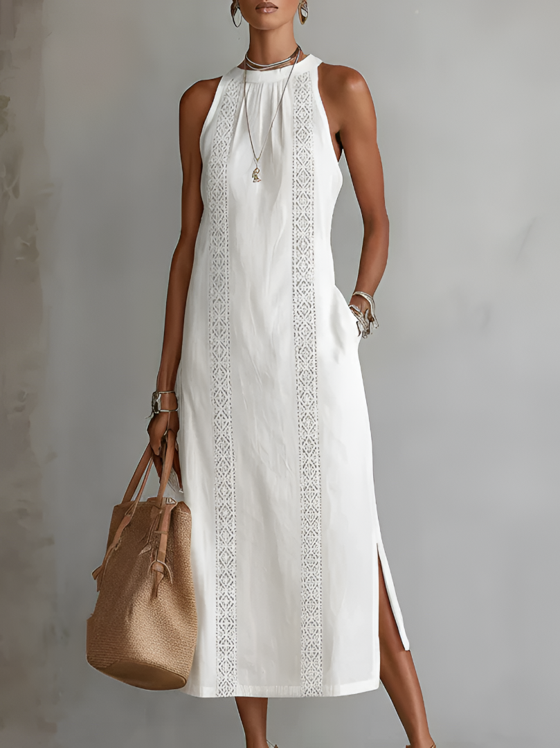 Veda Bremen Jimena midi dress with embroidered mandarin collar, relaxed fit, and elegant design, shown in natural fabric detail.