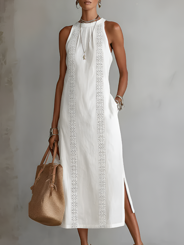 Veda Bremen Jimena midi dress with embroidered mandarin collar, relaxed fit, and elegant design, shown in natural fabric detail.