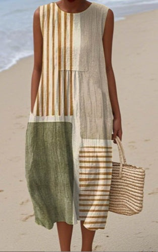 Khaki sleeveless dress by Veda Bremen with a relaxed fit, featuring a comfortable and stylish design.