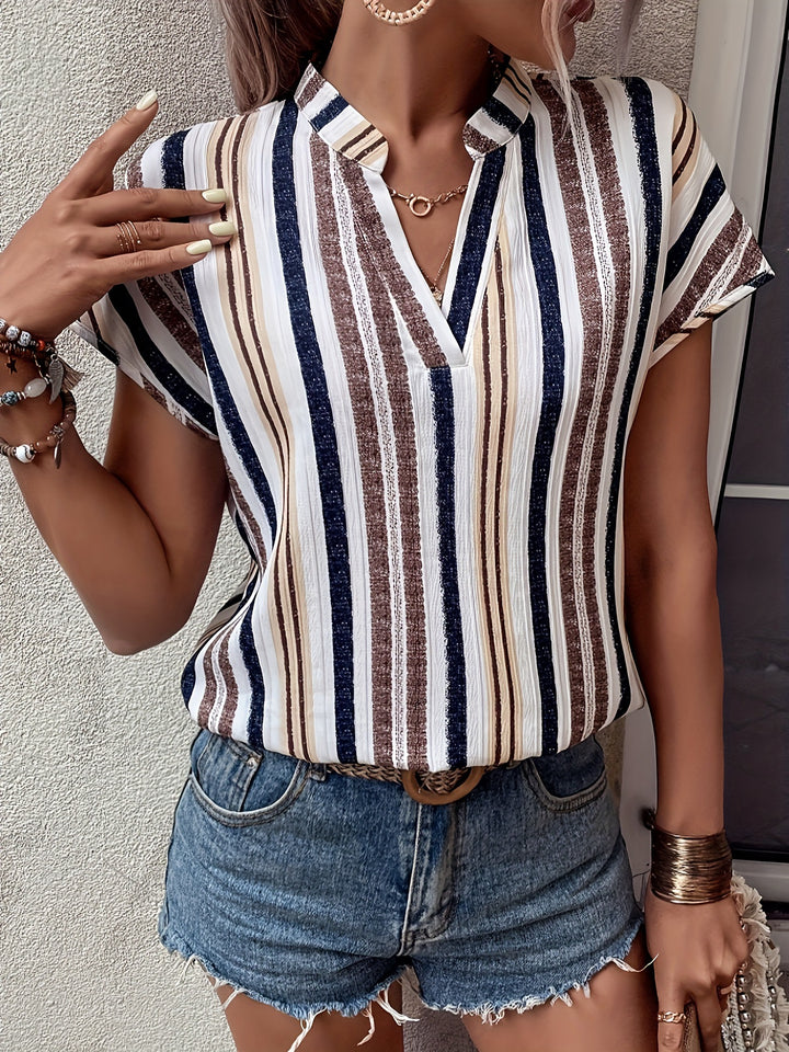 Khaki striped Veda Bremen tunic with V-neck, lightweight, casual style, displayed on a neutral background.