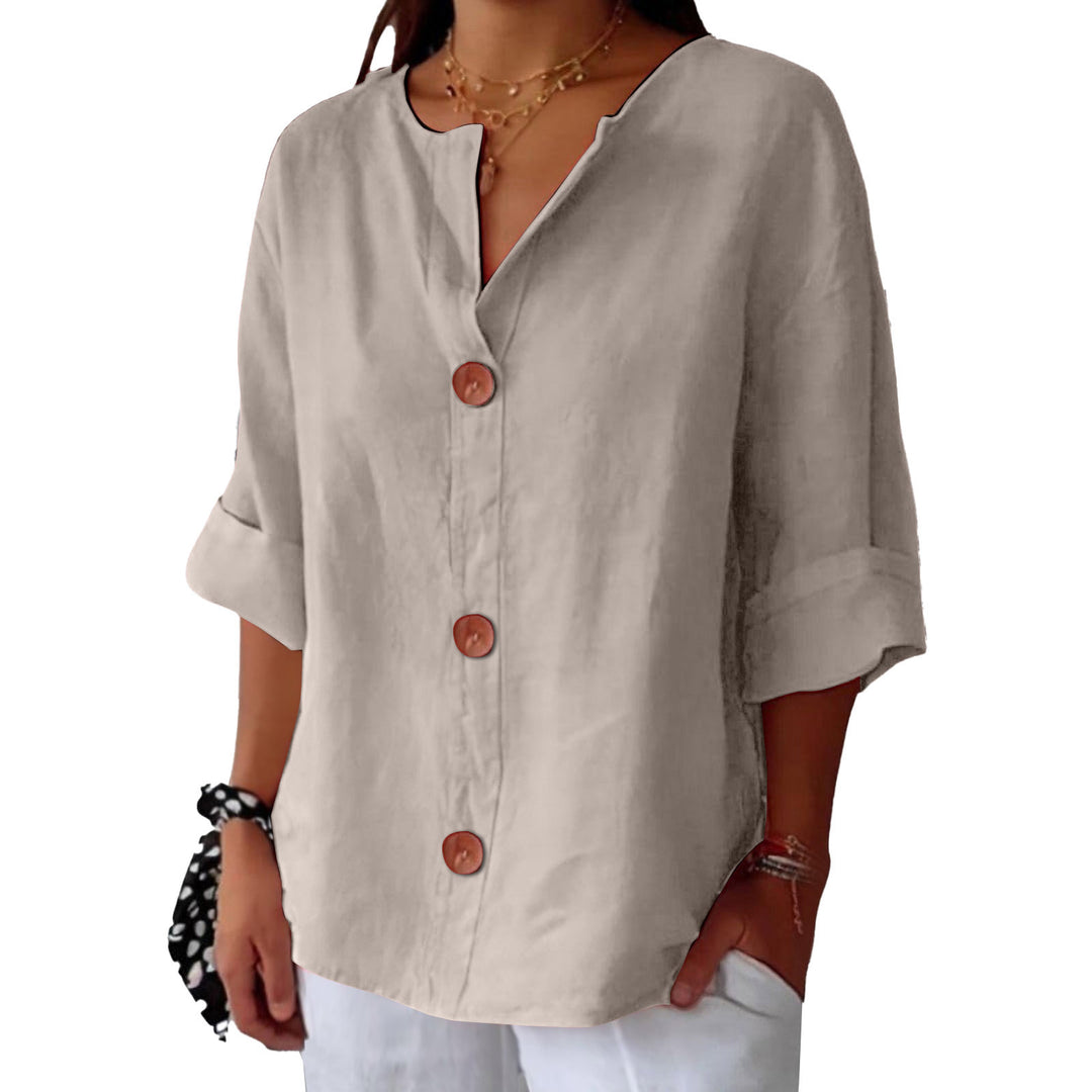 Khaki minimalist blouse named Leah by Veda Bremen, featuring a sleek, simple design with a relaxed fit and clean lines.
