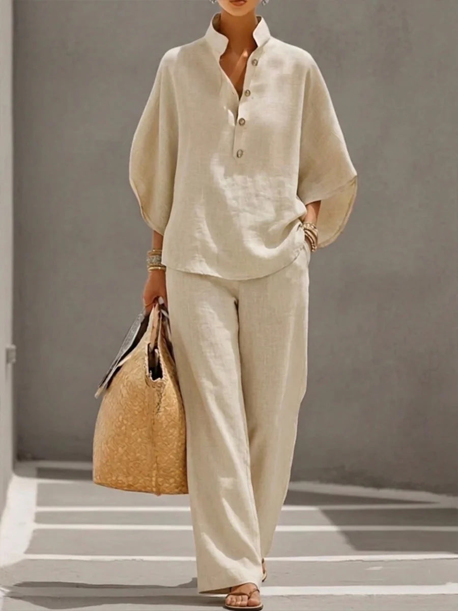 Veda Bremen Ellie casual cotton and linen set in khaki, featuring relaxed fit tops and matching pants for comfortable style.