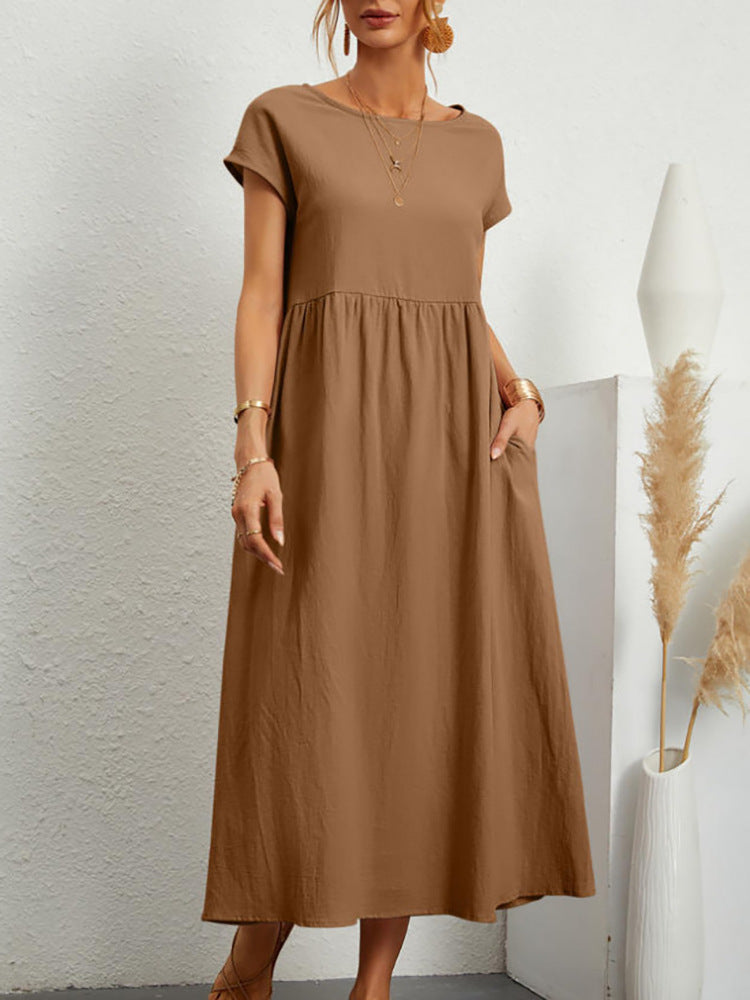 Veda Bremen Gabrielle midikleid in khaki with flowing, relaxed fit, lightweight fabric, and elegant, casual style.