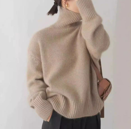 LuroLondon Marilou Cashmere Turtleneck in khaki, featuring a cozy, slim-fit design with a high neckline and soft cashmere fabric.