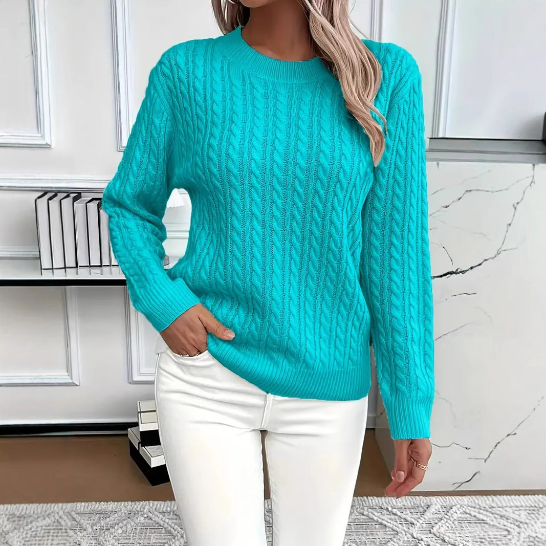 Lake blue Rosa knitted sweater by Lurolondon.co.uk, featuring a cozy, textured knit design perfect for autumn and winter wear.