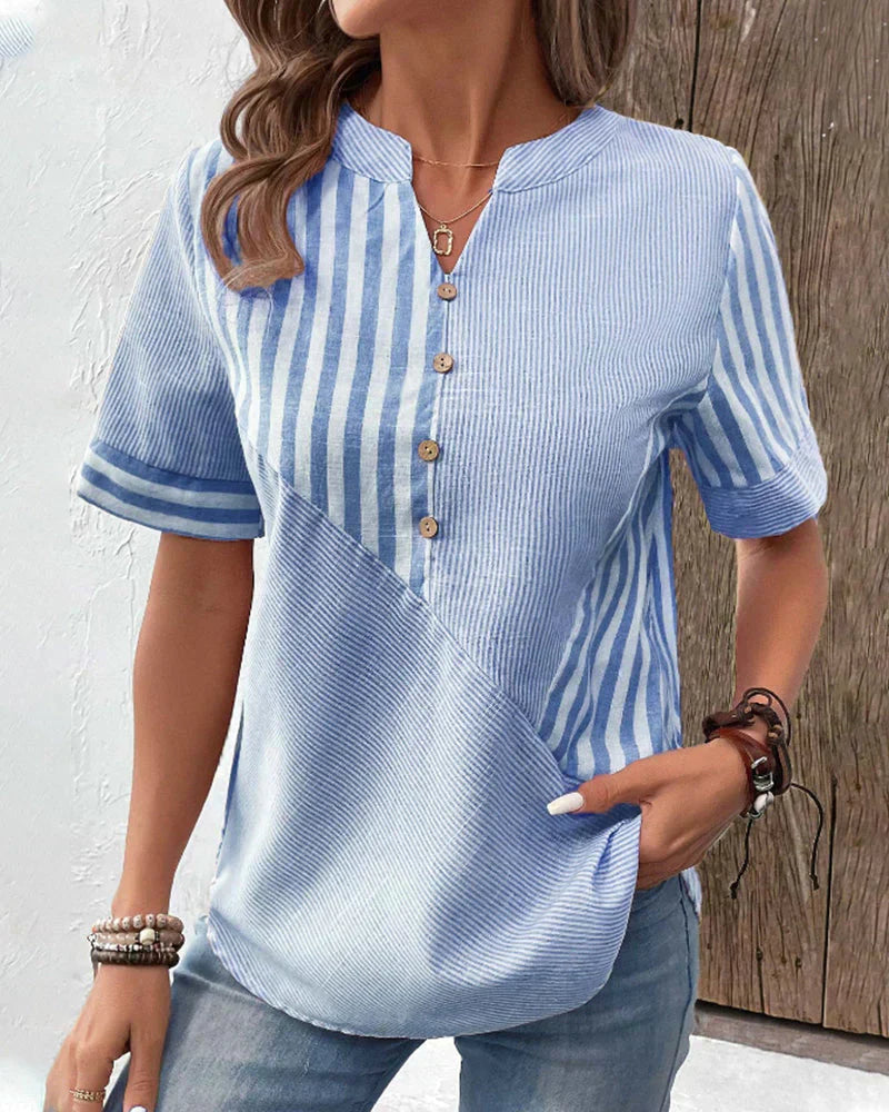 Veda Bremen Talia elegant striped blouse with long sleeves and classic collar, shown in a stylish design.