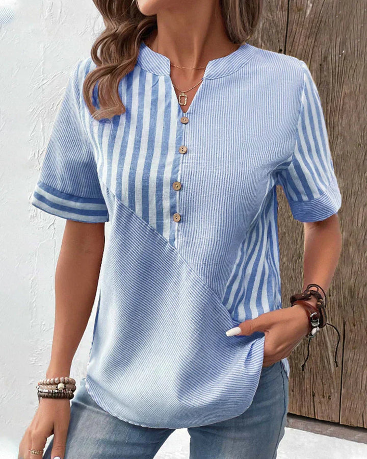 Veda Bremen Talia elegant striped blouse with long sleeves and classic collar, shown in a stylish design.