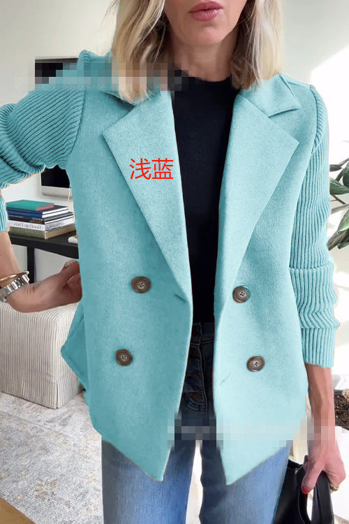 Light blue Siena blazer with knitted sleeves, stylish and tailored by Lurolondon. Perfect for a sophisticated, modern look.