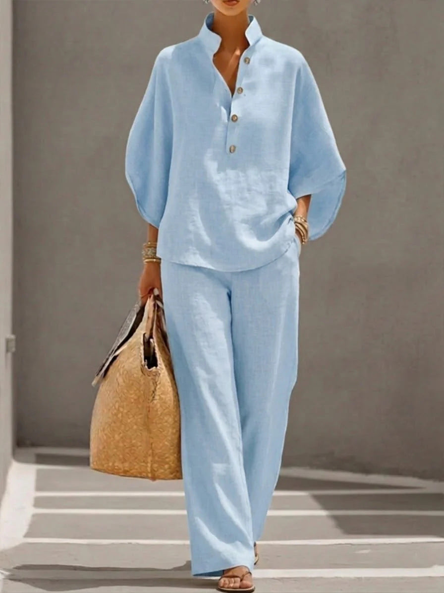 Light blue Ellie cotton and linen set by Veda Bremen, featuring relaxed fit and breathable fabric for casual comfort.