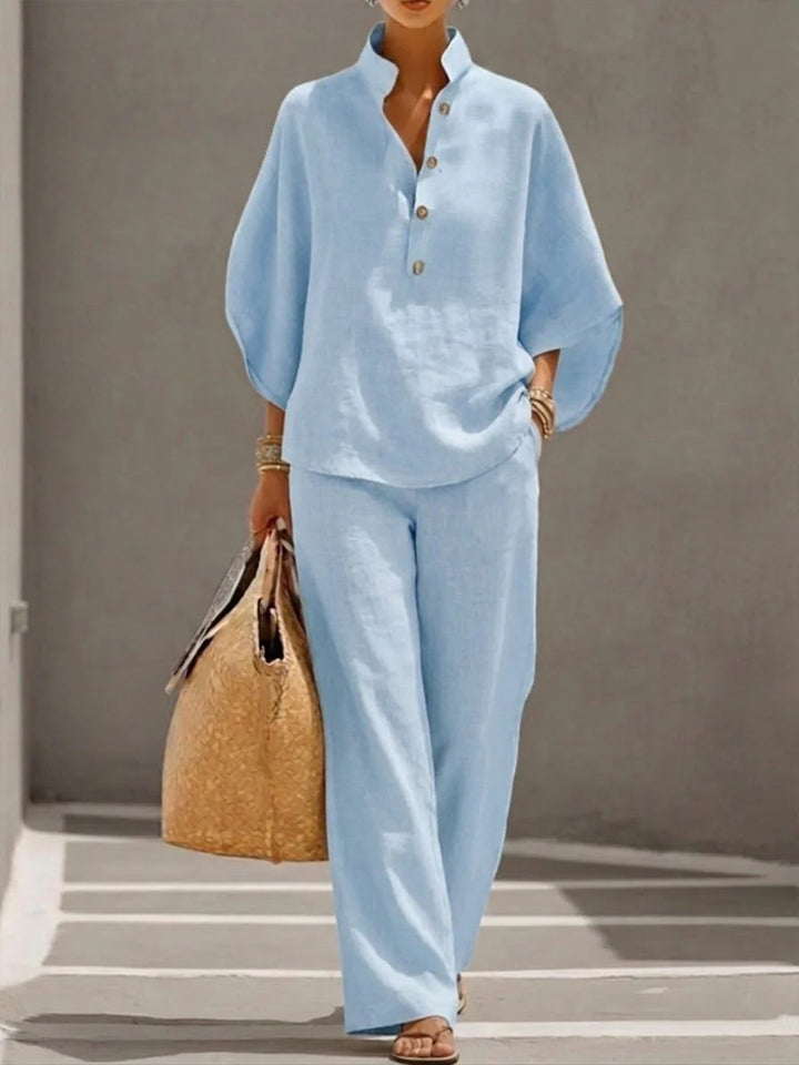 Light blue Ellie cotton and linen set by Veda Bremen, featuring relaxed fit and breathable fabric for casual comfort.
