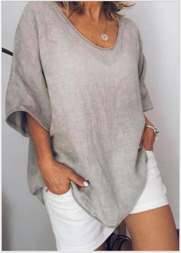 Light grey Veda Bremen Vivian versatile linen blouse with a relaxed fit, featuring a classic collar and button front.