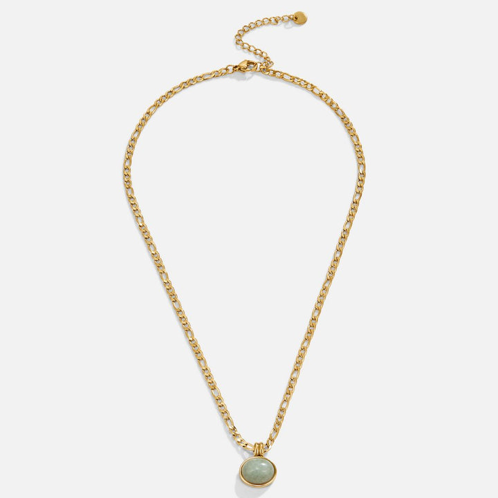 Veda Bremen jade pendant necklace featuring a smooth, oval-shaped green jade gemstone on a delicate chain.