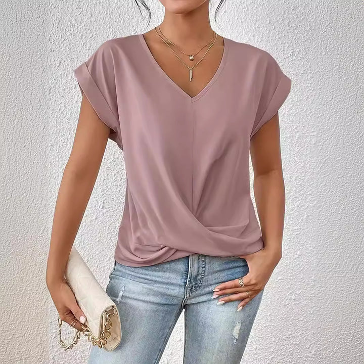 Veda Bremen Damen V-Neck T-Shirt featuring a lotus print, soft fabric, and casual fit, perfect for everyday wear.