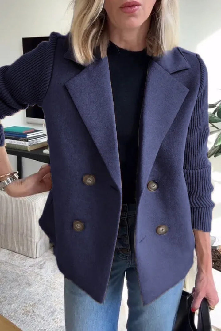 Navy Siena blazer by Lurolondon with stylish knitted sleeves, tailored fit, and classic lapel design.