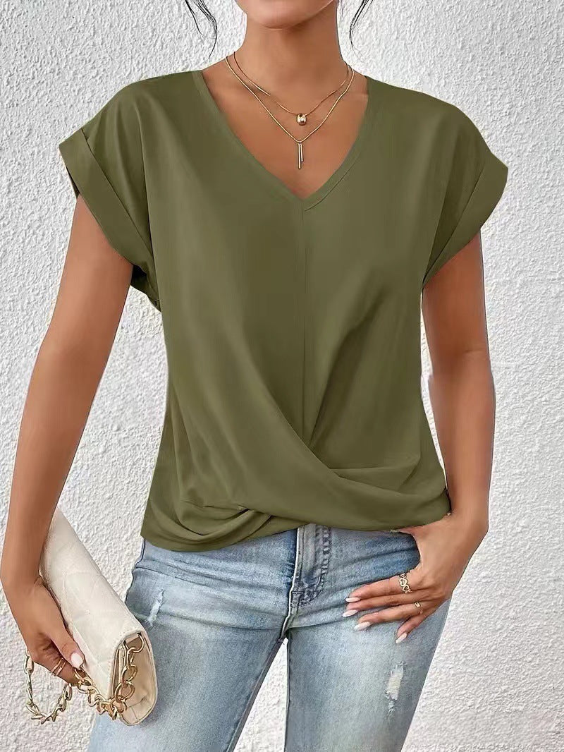 Olive green Damen V-Neck T-Shirt by Veda Bremen, casual fit, soft fabric, shown on a model.