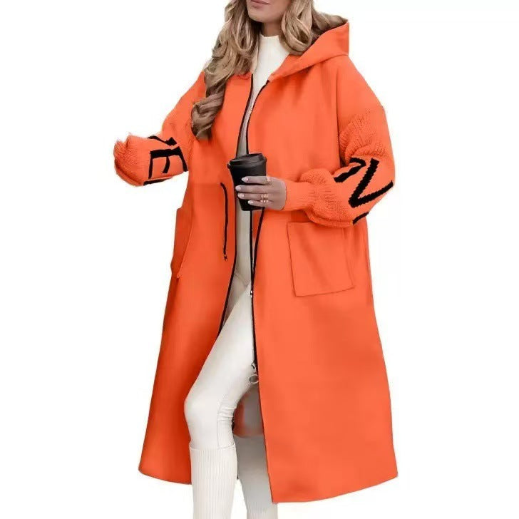 LuroLondon Roma Elegant Hooded Coatigan in vibrant orange, stylish jacket with a cozy hood and tailored fit.