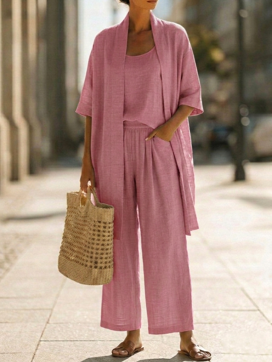 Veda Bremen Linnea lightweight linen set featuring a relaxed fit, natural beige color, and soft, breathable linen fabric.