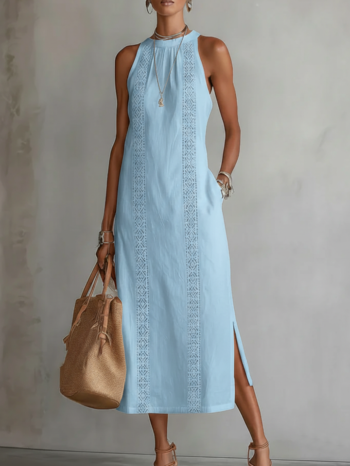Veda Bremen Jimena midi dress with embroidered mandarin collar, relaxed fit, in soft fabric, displayed on a hanger.