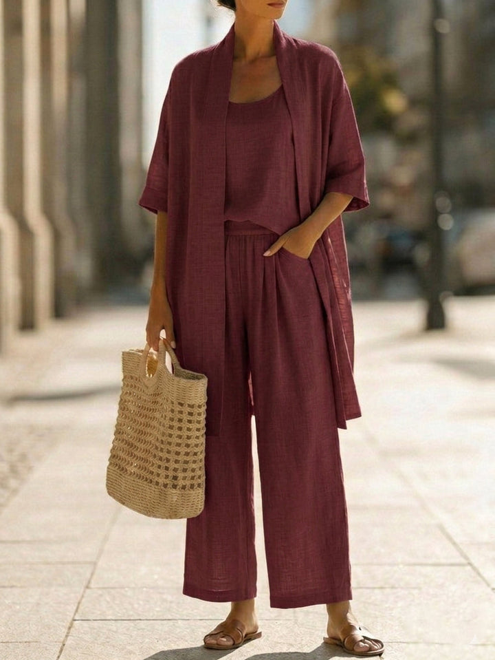 Veda Bremen Linnea lightweight linen set featuring a relaxed fit and natural beige color, perfect for casual summer wear.