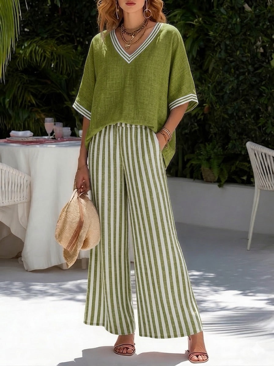 Veda Bremen Alira striped linen two-piece set featuring a lightweight, stylish matching top and pants in natural linen fabric.