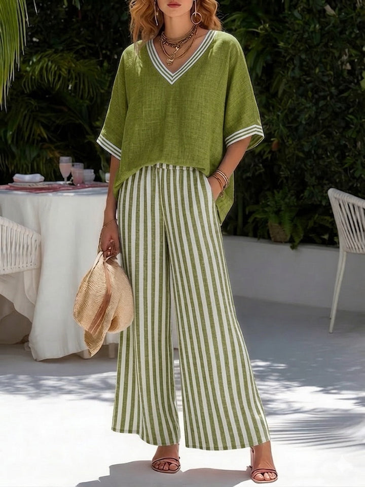 Veda Bremen Alira striped linen two-piece set featuring a lightweight, stylish matching top and pants in natural linen fabric.