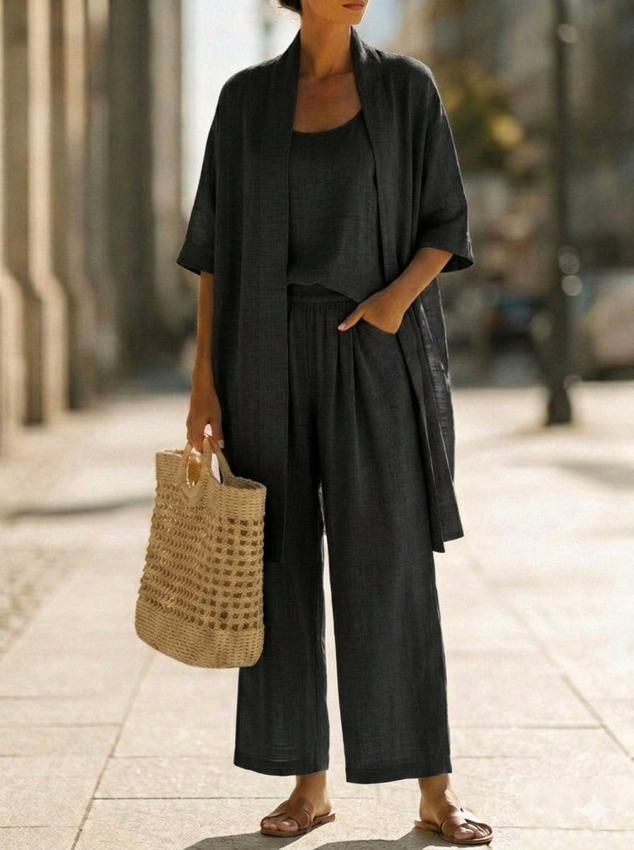 Veda Bremen Linnea lightweight linen set featuring a relaxed fit top and matching pants in natural linen fabric.