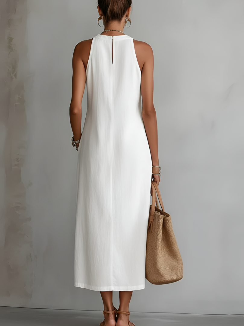 Veda Bremen Jimena midi dress with embroidered mandarin collar, relaxed fit, and elegant design, shown in a natural pose.