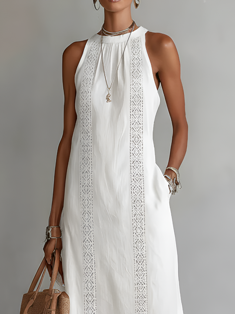 Veda Bremen Jimena midi dress with embroidered mandarin collar, relaxed fit, and intricate embroidery details on soft fabric.