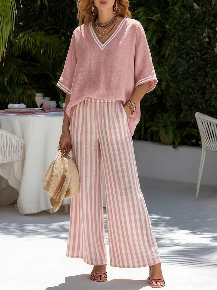 Veda Bremen Alira striped linen two-piece set with top and pants in natural linen fabric, stylish and comfortable for summer.