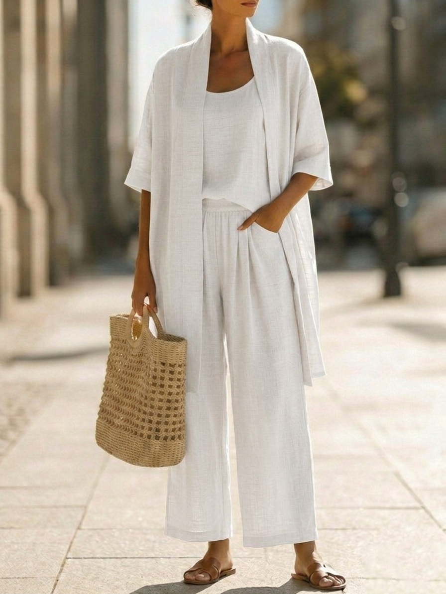 Veda Bremen Linnea lightweight linen set featuring a breezy, natural fabric top and matching pants for casual comfort
