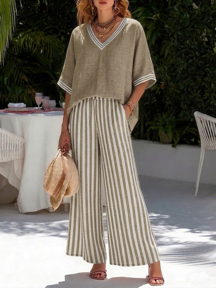 Veda Bremen Alira striped linen two-piece set with a relaxed fit and natural texture, perfect for casual and stylish summer wear.
