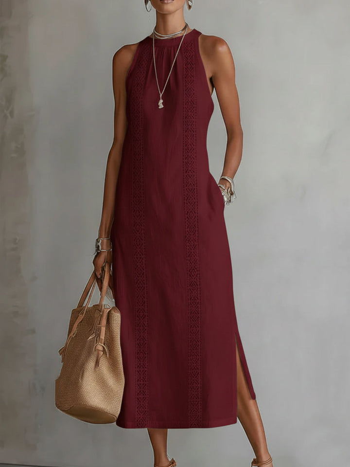 Jimena Veda Bremen embroidered mandarin collar midi dress displayed with relaxed fit and intricate embroidery details.