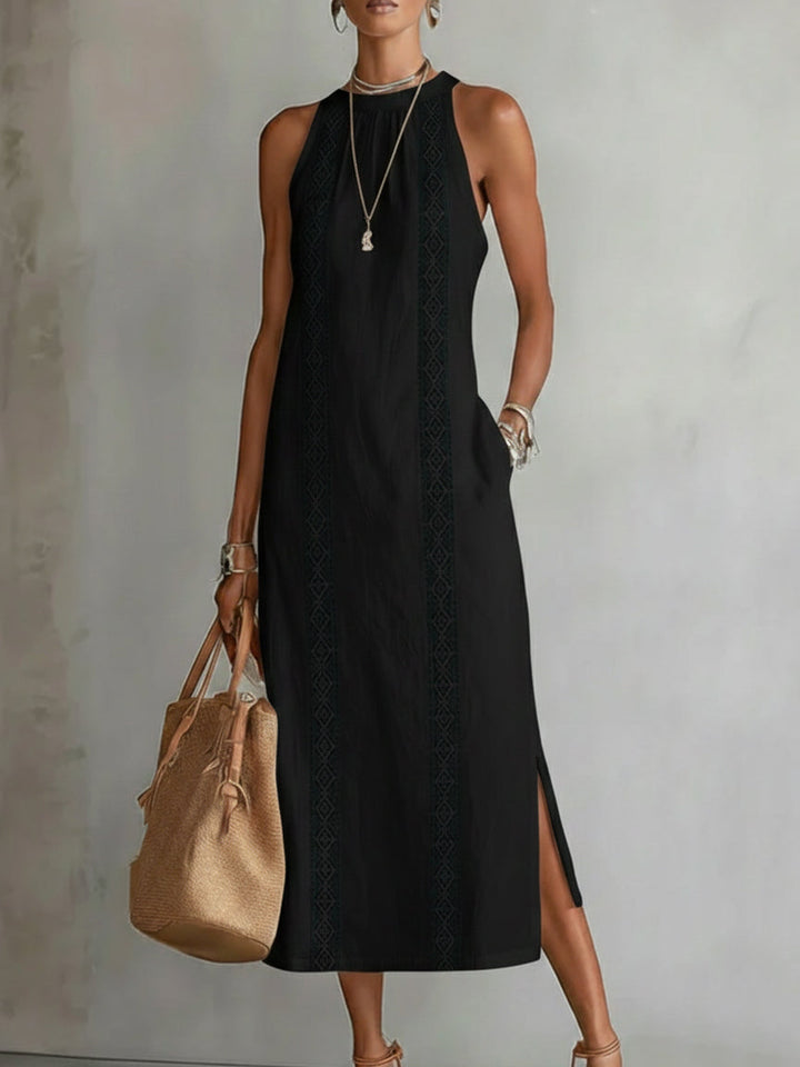 Jimena Veda Bremen midi dress with embroidered Mandarin collar, relaxed fit, showcasing intricate embroidery and stylish design.