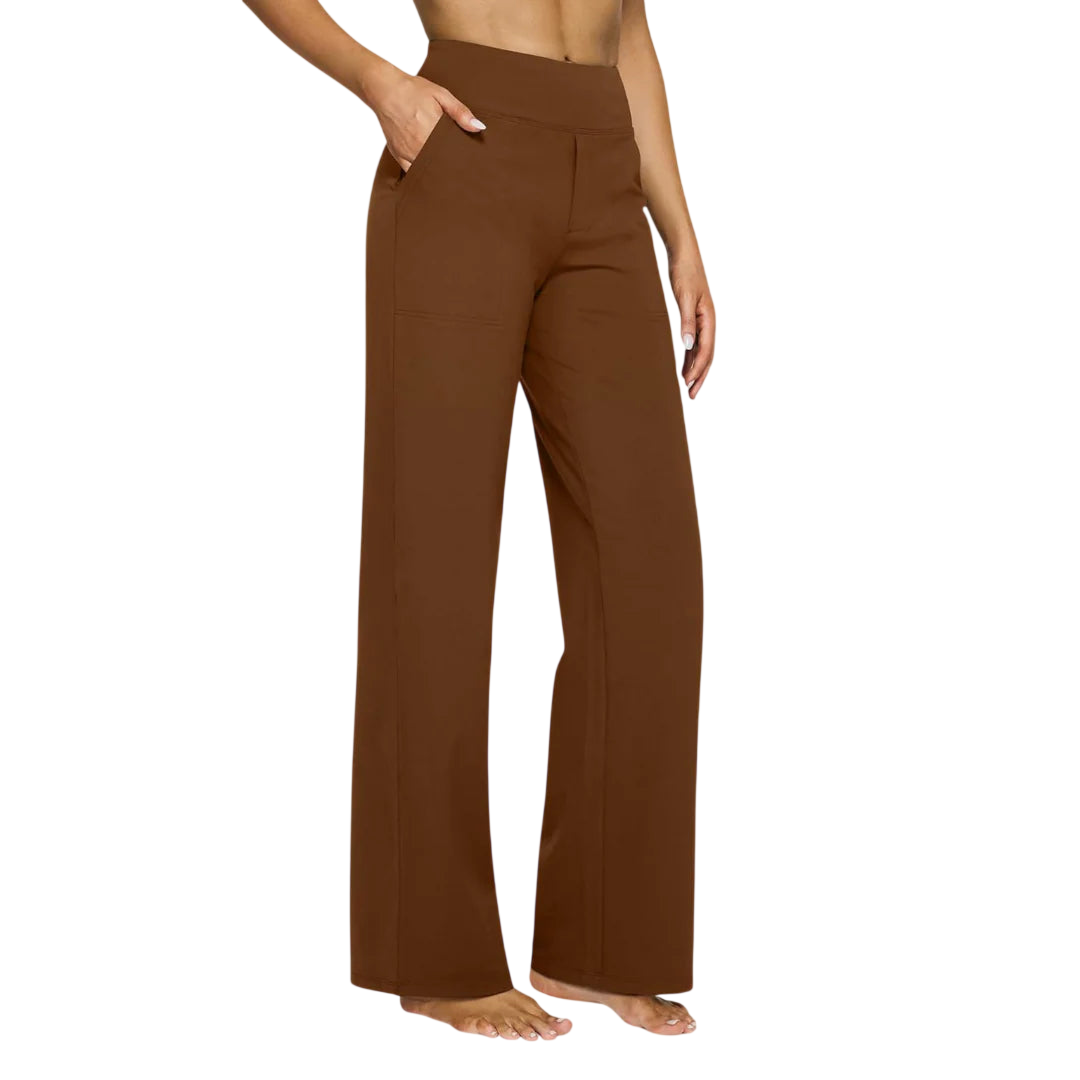 Dark brown Kara stretch hose by Veda Bremen, close-up of smooth, stretchy fabric highlighting fit and texture.