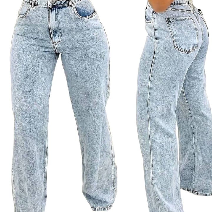 Blue Atlas Denim Jeans by Lurolondon.co.uk, front view showing classic fit and deep blue color with stitching details.